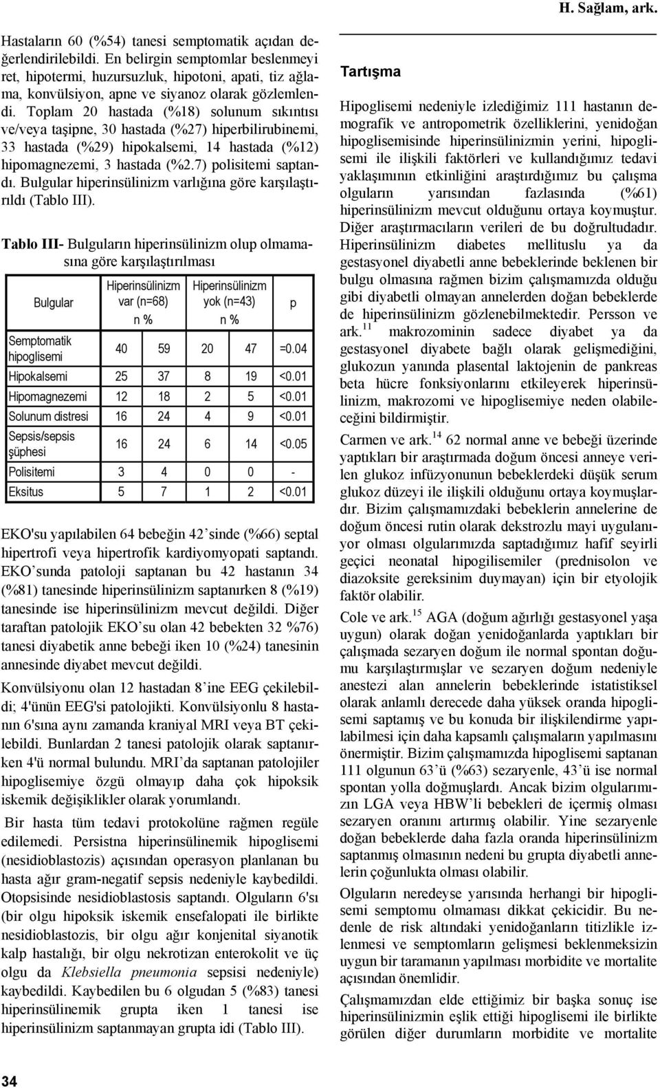 Toplam 20 hastada (%18) solunum sıkıntısı ve/veya taşipne, 30 hastada (%27) hiperbilirubinemi, 33 hastada (%29) hipokalsemi, 14 hastada (%12) hipomagnezemi, 3 hastada (%2.7) polisitemi saptandı.