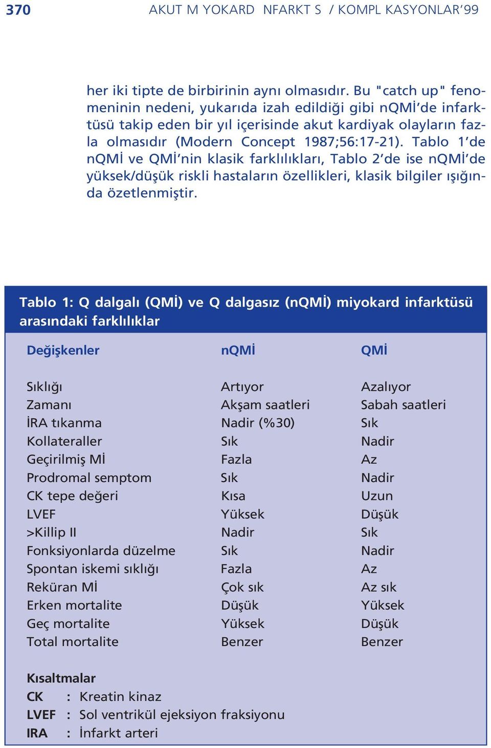 Tablo 1 de nqm ve QM nin klasik farkl l klar, Tablo 2 de ise nqm de yüksek/düflük riskli hastalar n özellikleri, klasik bilgiler fl nda özetlenmifltir.