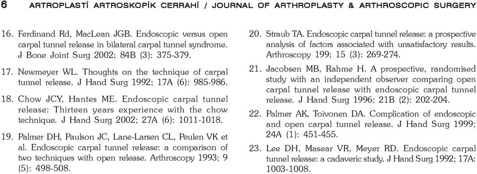 Endoscopic carpal tunnel release: Thirteen years experience with the chow technique. J Hand Surg 2002; 27A (6): 1011-1018. 19. Palmer DH, Paulson JC, Lane-Larsen CL, Peulen VK et al.