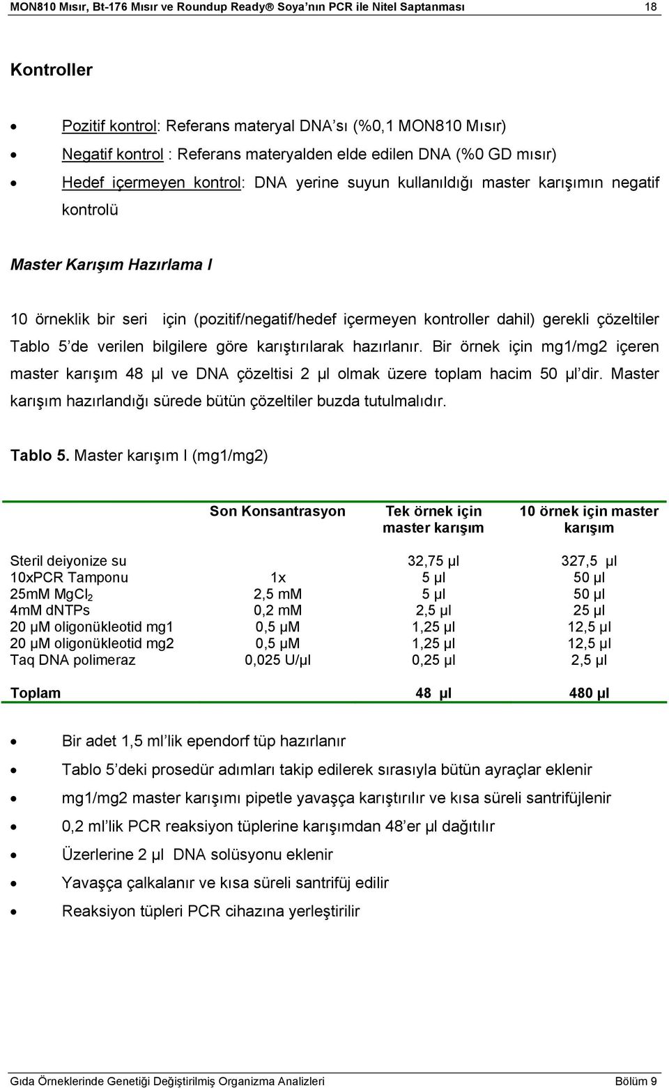 kontroller dahil) gerekli çözeltiler Tablo 5 de verilen bilgilere göre karıştırılarak hazırlanır.