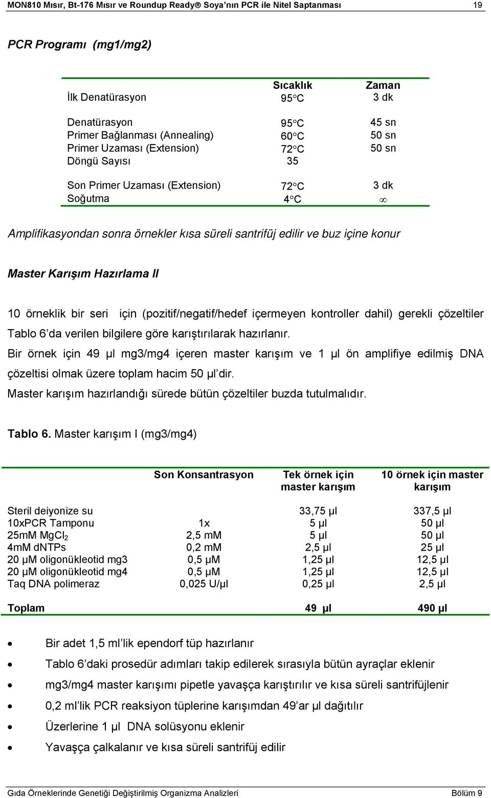 II 10 örneklik bir seri için (pozitif/negatif/hedef içermeyen kontroller dahil) gerekli çözeltiler Tablo 6 da verilen bilgilere göre karıştırılarak hazırlanır.