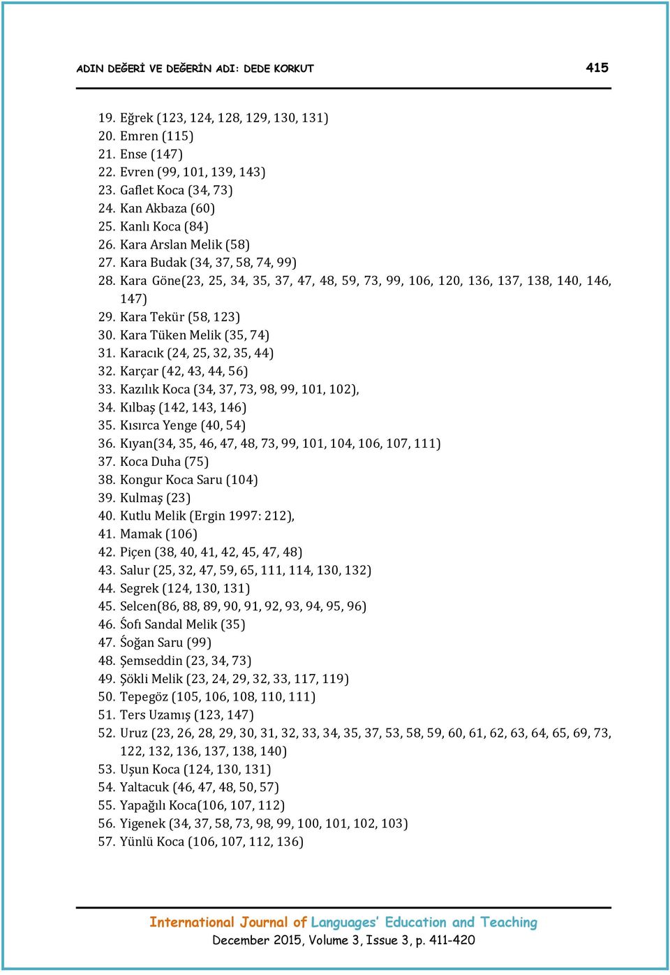 Kara Tekür (58, 123) 30. Kara Tüken Melik (35, 74) 31. Karacık (24, 25, 32, 35, 44) 32. Karçar (42, 43, 44, 56) 33. Kazılık Koca (34, 37, 73, 98, 99, 101, 102), 34. Kılbaş (142, 143, 146) 35.