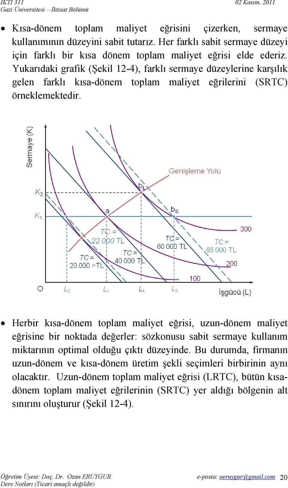 Herbir kısa-dönem toplam maliyet eğrisi, uzun-dönem maliyet eğrisine bir noktada değerler: sözkonusu sabit sermaye kullanım miktarının optimal olduğu çıktı düzeyinde.