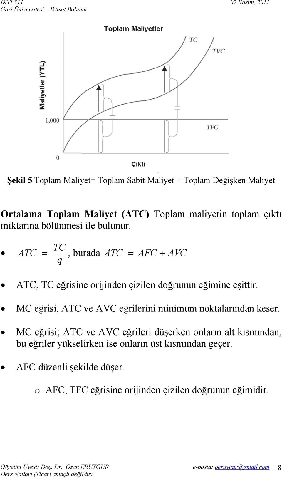 MC eğrisi, ATC ve AVC eğrilerini minimum noktalarından keser.