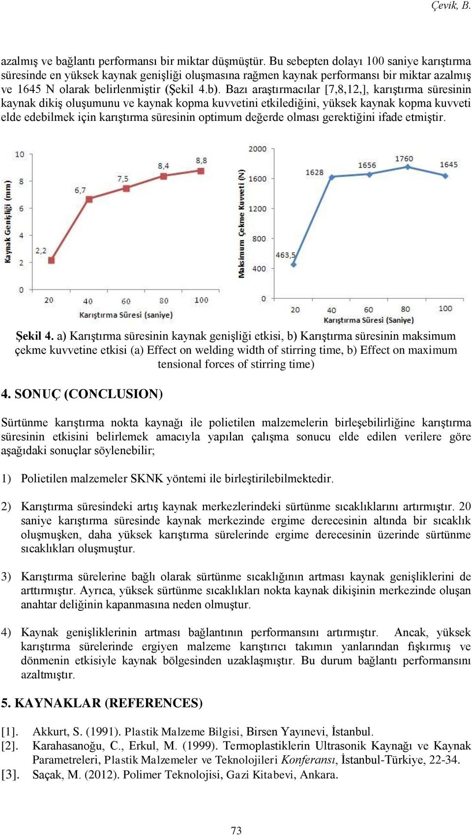 Bazı araştırmacılar [7,8,12,], karıştırma süresinin kaynak dikiş oluşumunu ve kaynak kopma kuvvetini etkilediğini, yüksek kaynak kopma kuvveti elde edebilmek için karıştırma süresinin optimum değerde