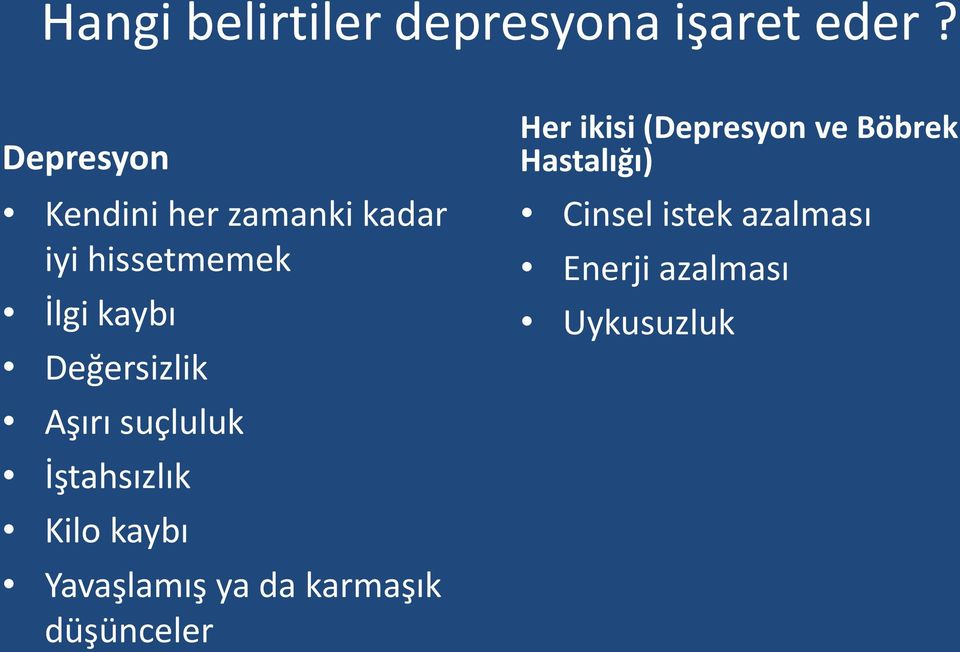 Değersizlik Aşırı suçluluk İştahsızlık Kilo kaybı Yavaşlamış ya da