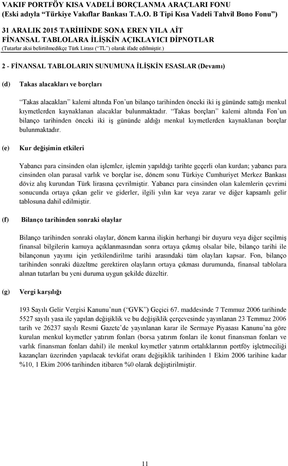 Takas borçları kalemi altında Fon un bilanço tarihinden önceki iki iş gününde aldığı menkul kıymetlerden kaynaklanan borçlar bulunmaktadır.