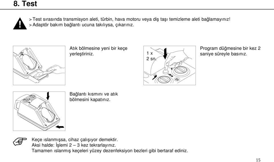 Program düğmesine bir kez 2 saniye süreyle basınız. Bağlantı kısmını ve atık bölmesini kapatınız.