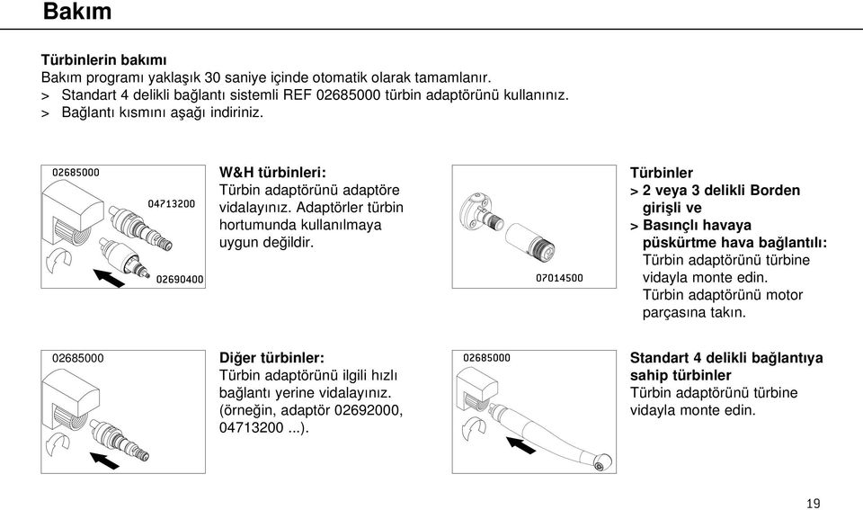 07014500 Türbinler > 2 veya 3 delikli Borden girişli ve > Basınçlı havaya püskürtme hava bağlantılı: Türbin adaptörünü türbine vidayla monte edin. Türbin adaptörünü motor parçasına takın.