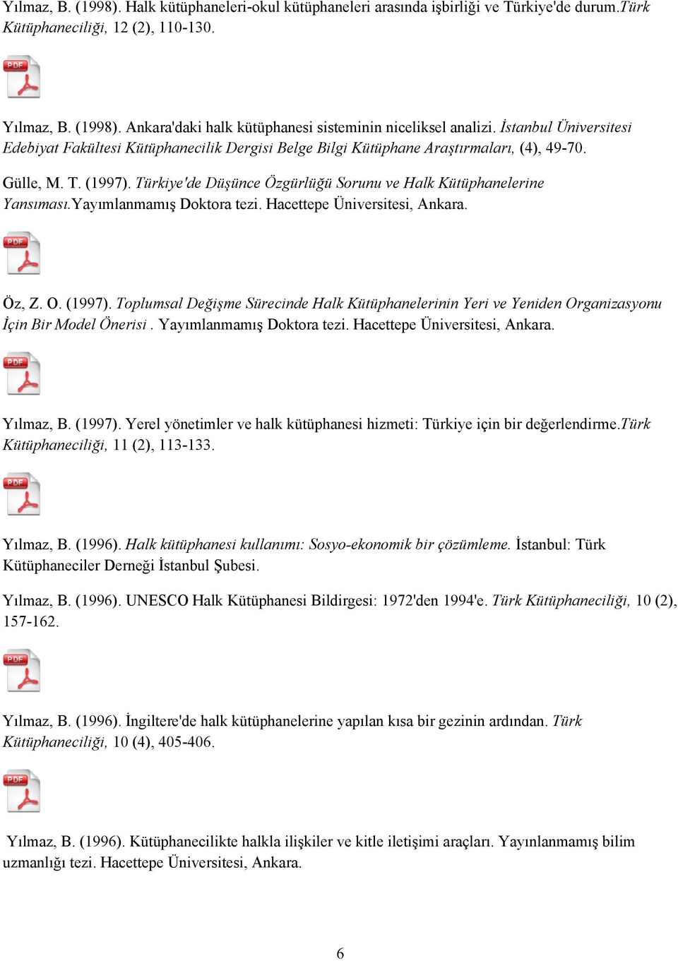 Türkiye'de Düşünce Özgürlüğü Sorunu ve Halk Kütüphanelerine Yansıması.Yayımlanmamış Doktora tezi. Hacettepe Üniversitesi, Ankara. Öz, Z. O. (1997).