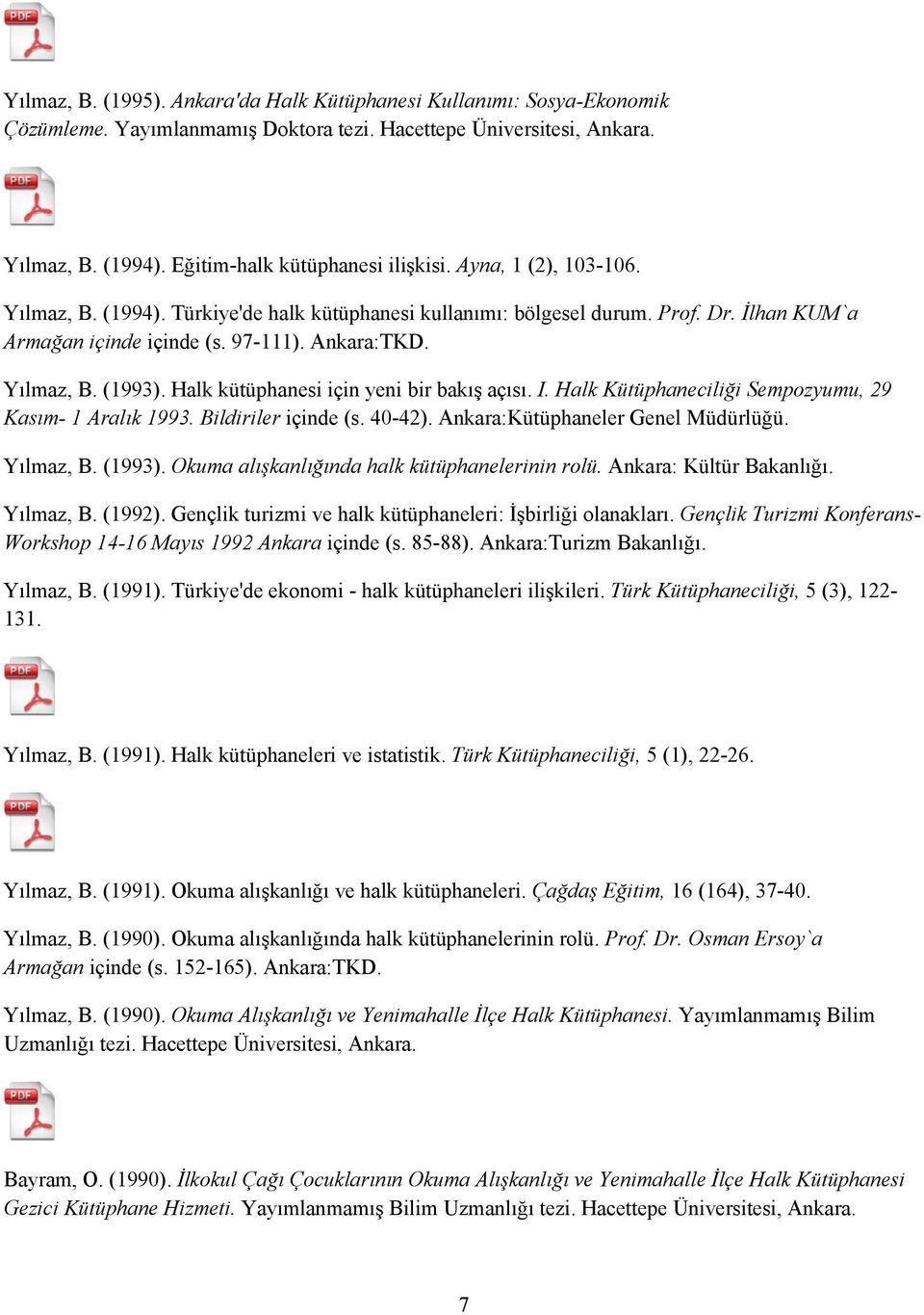 Halk kütüphanesi için yeni bir bakış açısı. I. Halk Kütüphaneciliği Sempozyumu, 29 Kasım- 1 Aralık 1993. Bildiriler içinde (s. 40-42). Ankara:Kütüphaneler Genel Müdürlüğü. Yılmaz, B. (1993).