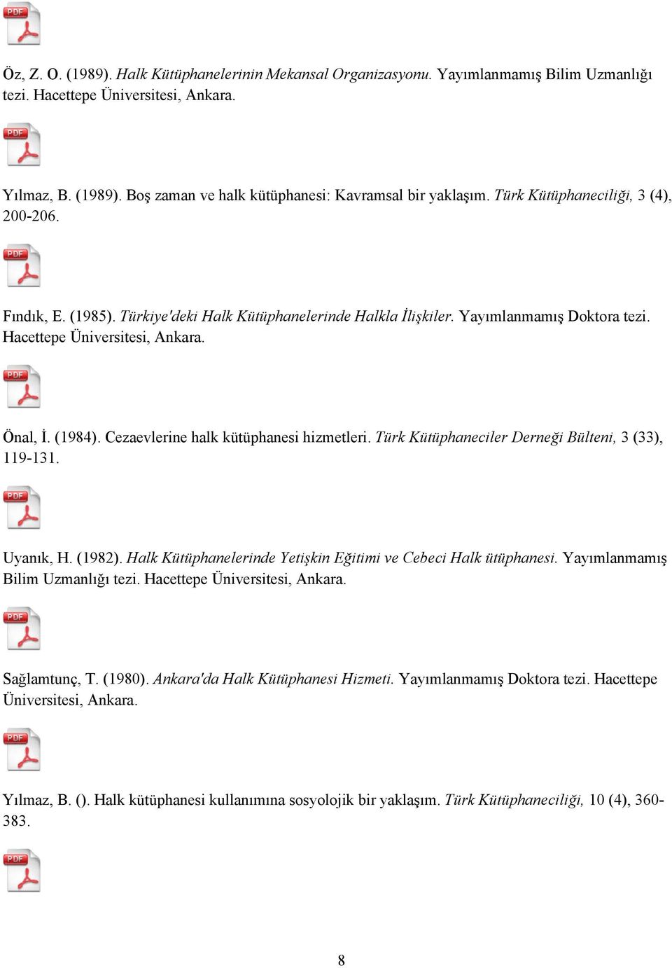 Cezaevlerine halk kütüphanesi hizmetleri. Türk Kütüphaneciler Derneği Bülteni, 3 (33), 119-131. Uyanık, H. (1982). Halk Kütüphanelerinde Yetişkin Eğitimi ve Cebeci Halk ütüphanesi.
