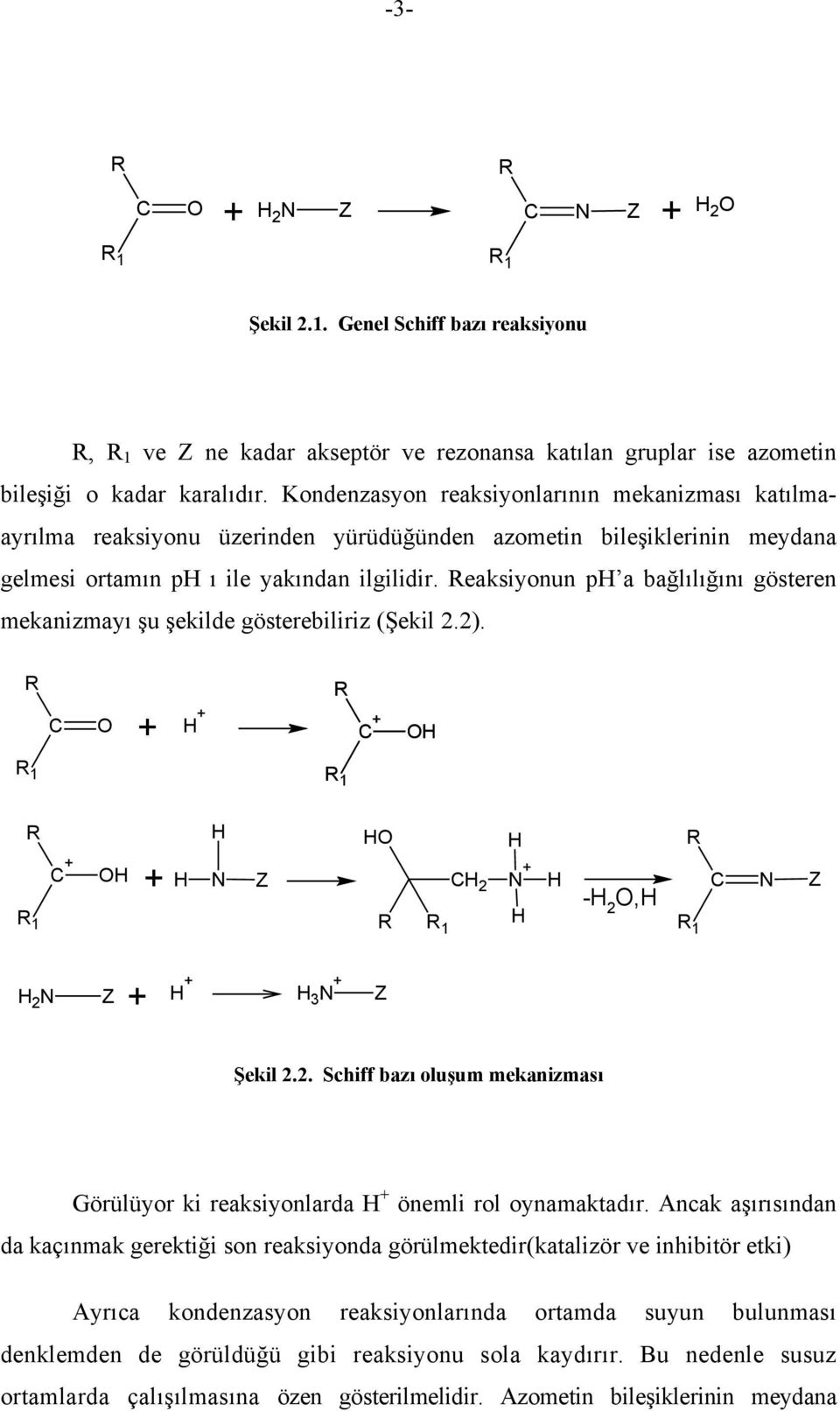 eaksiyonun ph a bağlılığını gösteren mekanizmayı şu şekilde gösterebiliriz (Şekil 2.2). + 1 H + + H 1 + 1 + H + H H Z H H H 2 H -H H 2,H 1 + 1 Z H 2 Z + H + + H 3 Z Şekil 2.2. chiff bazı oluşum mekanizması Görülüyor ki reaksiyonlarda H + önemli rol oynamaktadır.