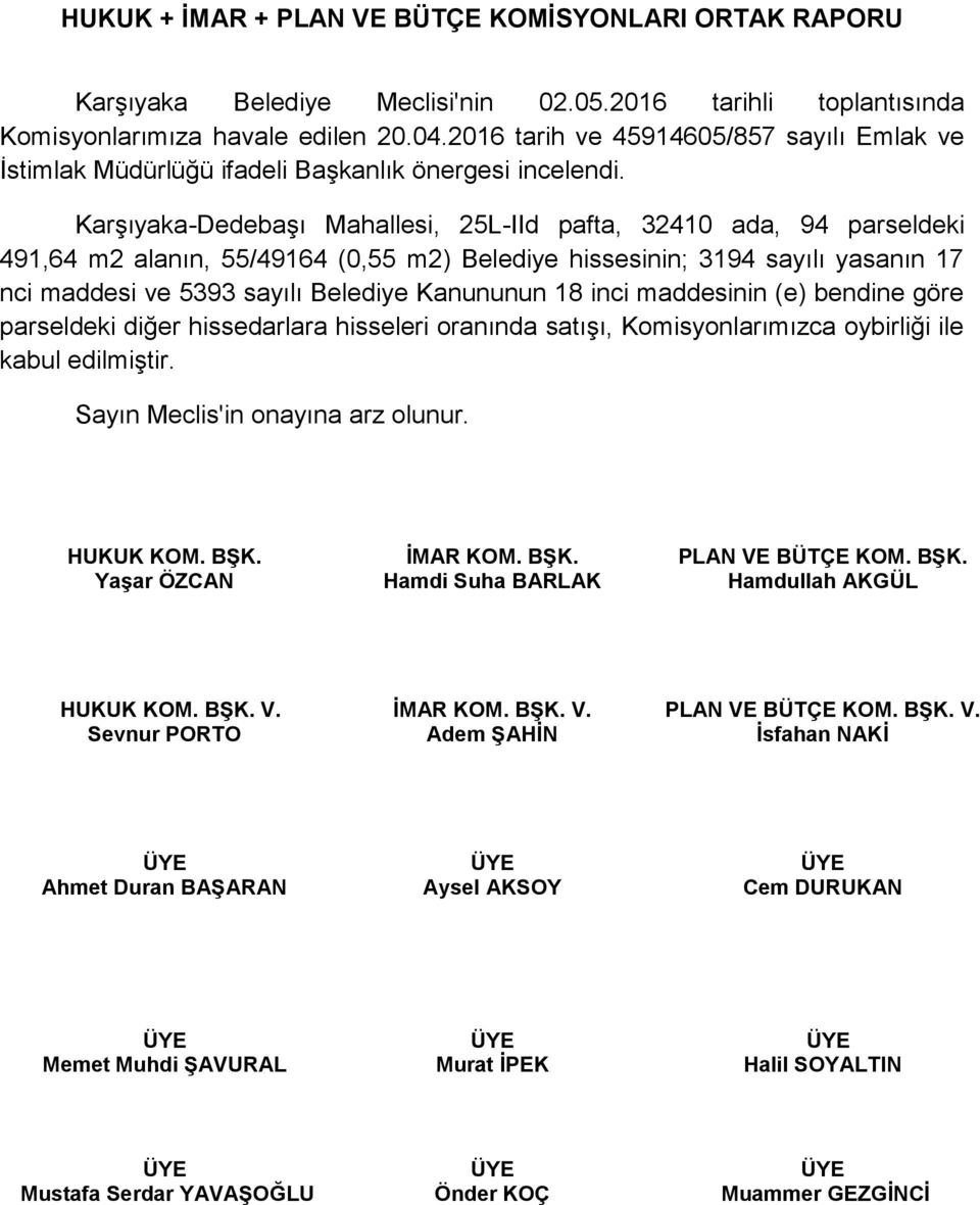 parseldeki 491,64 m2 alanın, 55/49164 (0,55 m2) Belediye hissesinin; 3194 sayılı yasanın 17 nci maddesi ve