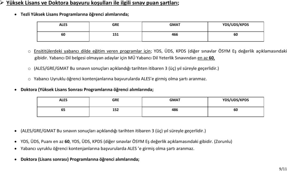 Yabancı Dil belgesi olmayan adaylar için MÜ Yabancı Dil Yeterlik Sınavından en az 60, o (ALES/GRE/GMAT Bu sınavın sonuçları açıklandığı tarihten itibaren 3 (üç) yıl süreyle geçerlidir.