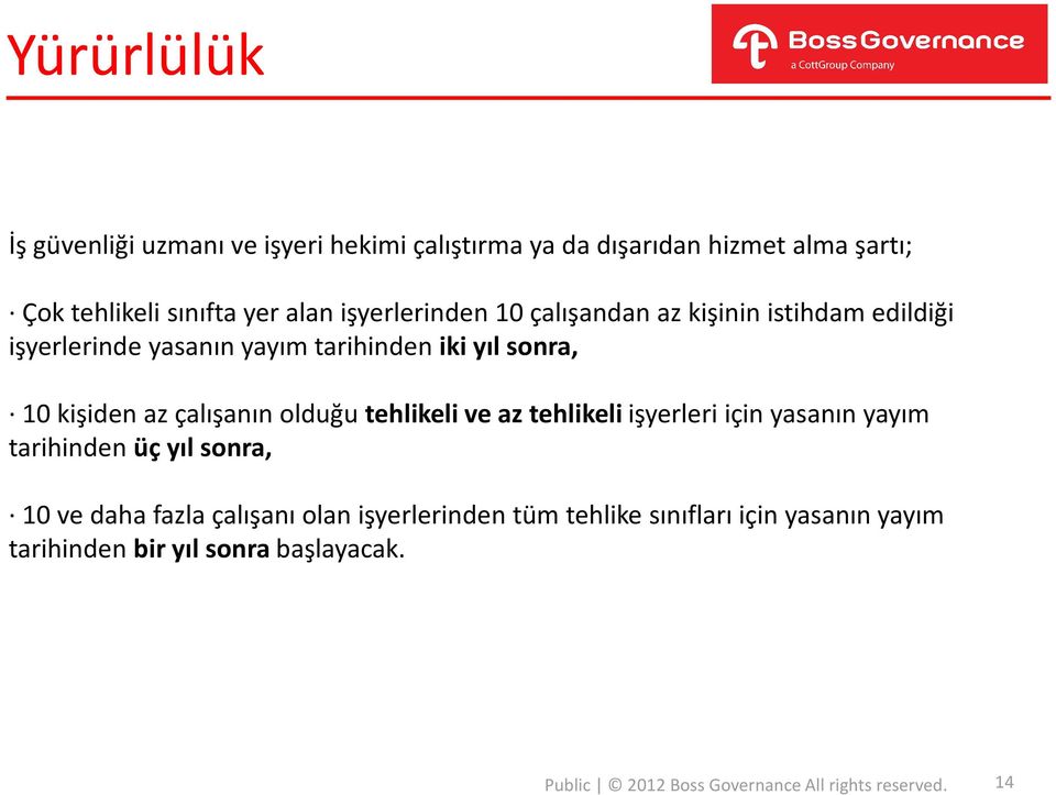 çalışanın olduğutehlikeli ve az tehlikeli işyerleri için yasanın yayım tarihinden üç yıl sonra, 10 ve daha fazla çalışanı olan