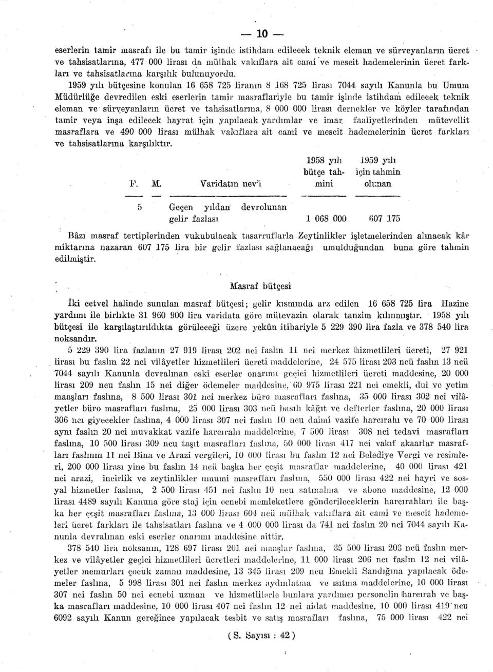 959 yılı bütçesine konulan 6 658 75 liranın 8 68 75 lirası 7044 sayılı Kanunla bu Umum Müdürlüğe devredilen eski eserlerin tamir nıasraflariyie bu tamir işinde istihdam edilecek teknik eleman ve