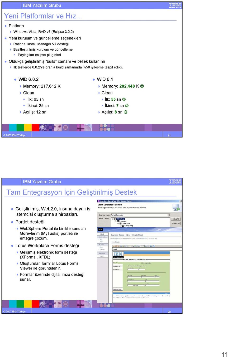 kullanımı Ilk testlerde 6.0.2 ye oranla build zamanında %50 iyileşme tespit edildi. WID 6.0.2 Memory: 217,612 K Clean Đlk: 65 sn Đkinci: 25 sn Açılış: 12 sn WID 6.