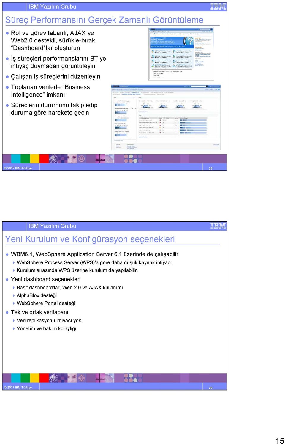 Süreçlerin durumunu takip edip duruma göre harekete geçin 2007 IBM Türkiye 29 Yeni Kurulum ve Konfigürasyon seçenekleri WBM6.1, WebSphere Application Server 6.1 üzerinde de çalışabilir.