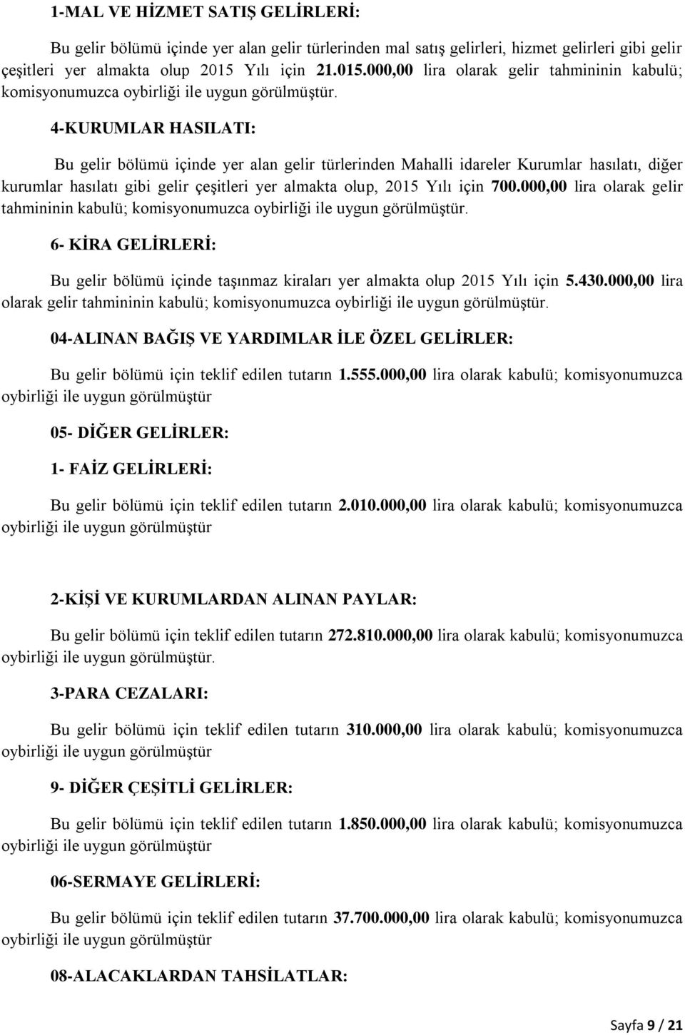 4-KURUMLAR HASILATI: Bu gelir bölümü içinde yer alan gelir türlerinden Mahalli idareler Kurumlar hasılatı, diğer kurumlar hasılatı gibi gelir çeşitleri yer almakta olup, 2015 Yılı için 700.