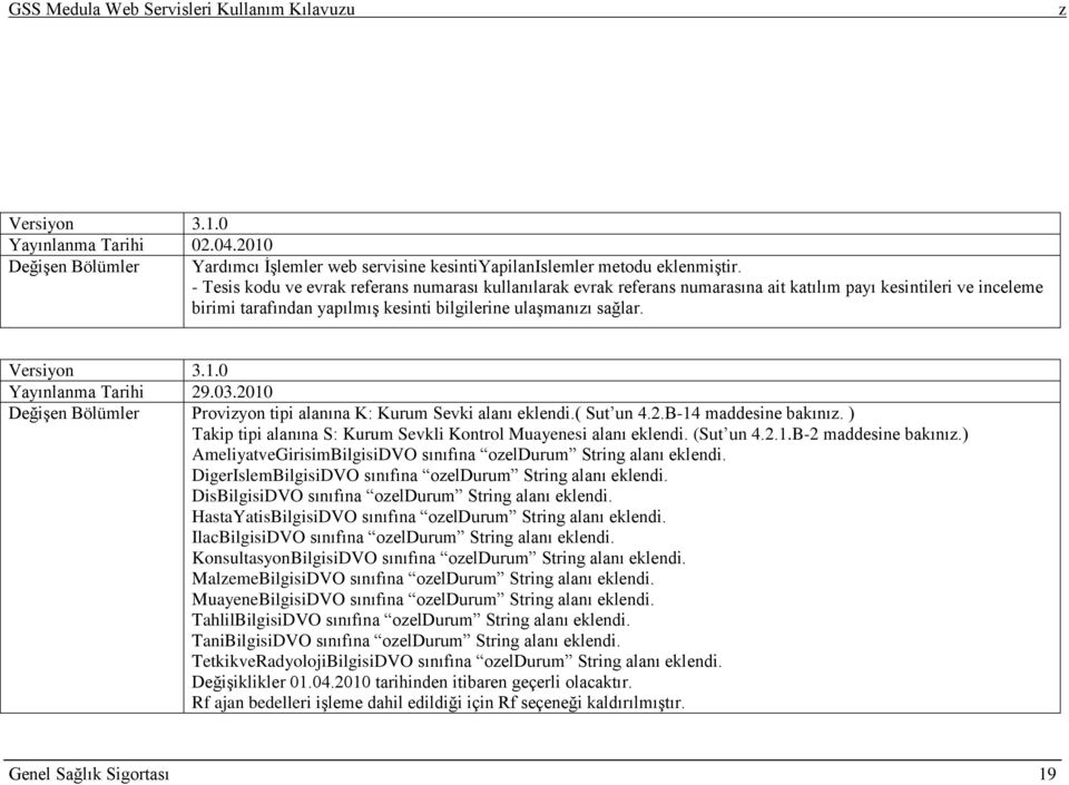 0 Yayınlanma Tarihi 29.03.2010 DeğiĢen Bölümler Proviyon tipi alanına K: Kurum Sevki alanı eklendi.( Sut un 4.2.B-14 maddesine bakını.