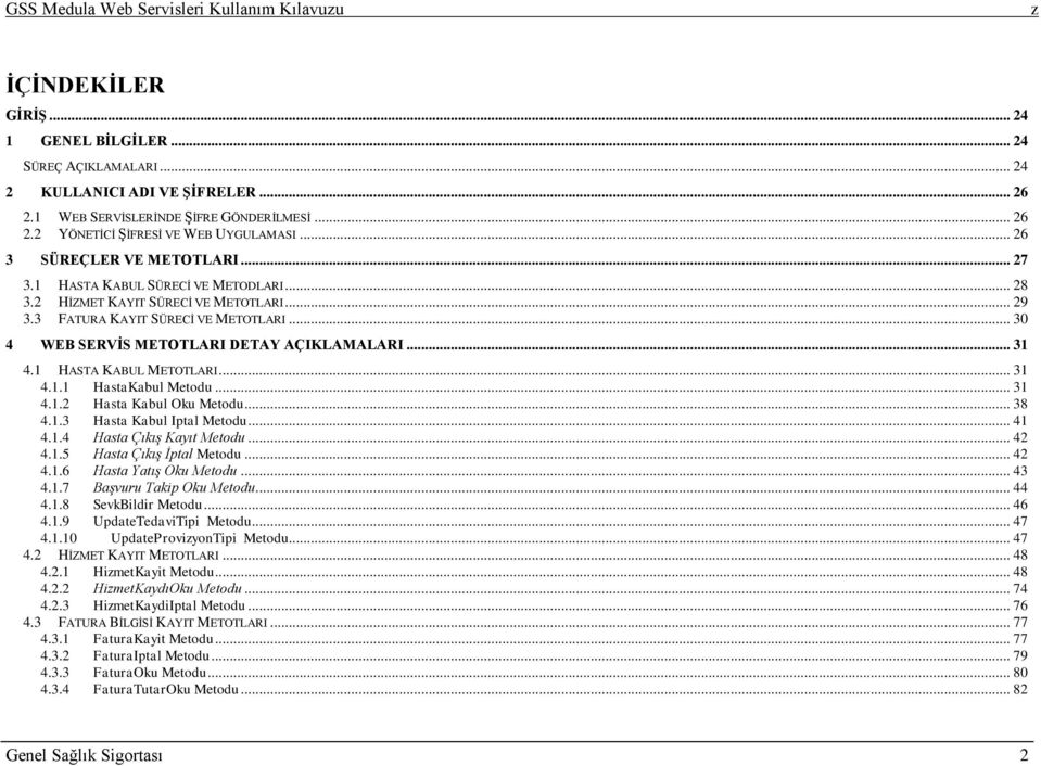 .. 30 4 WEB SERVĠS METOTLARI DETAY AÇIKLAMALARI... 31 4.1 HASTA KABUL METOTLARI... 31 4.1.1 HastaKabul Metodu... 31 4.1.2 Hasta Kabul Oku Metodu... 38 4.1.3 Hasta Kabul Iptal Metodu... 41 4.1.4 Hasta Çıkış Kayıt Metodu.