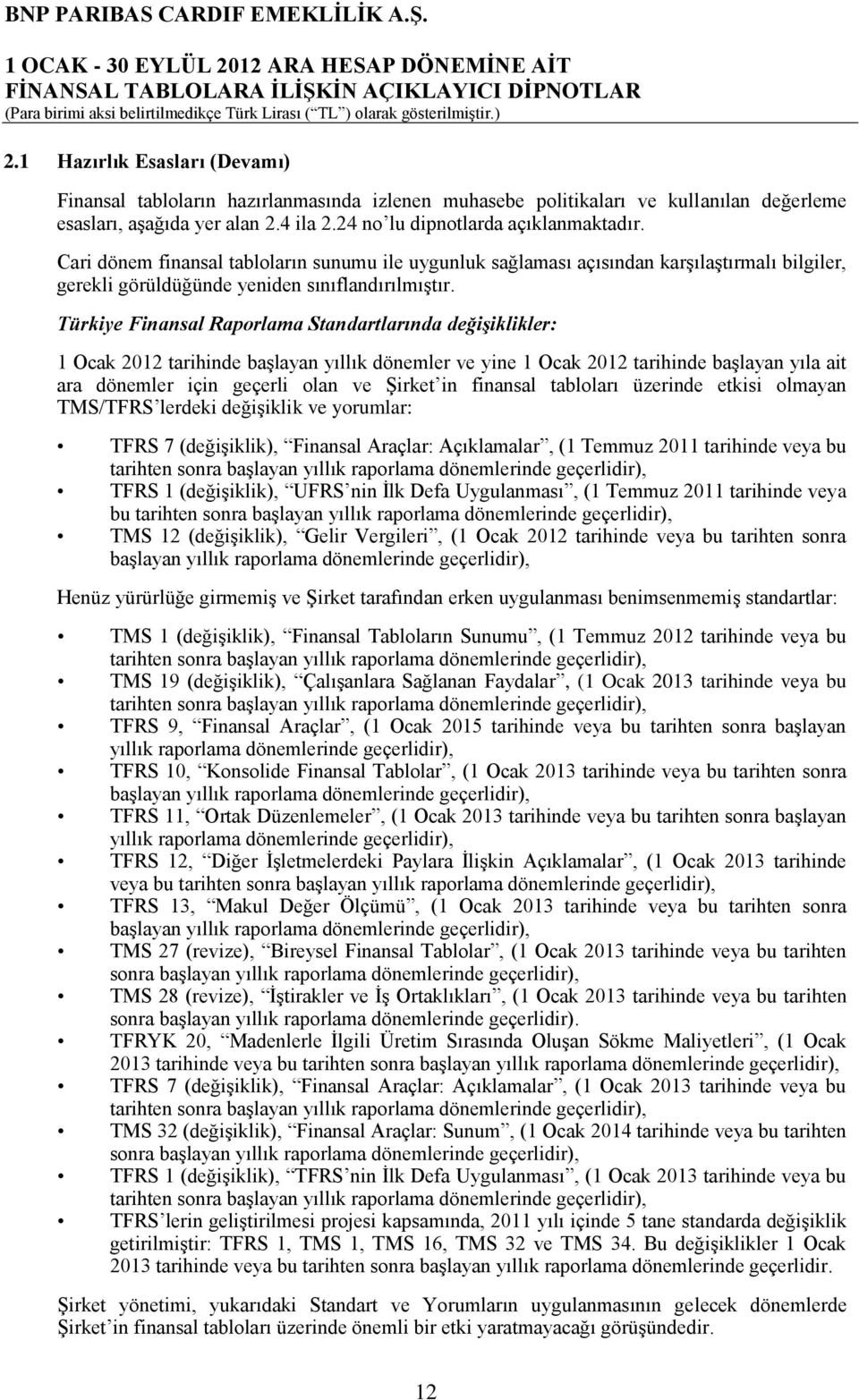 Türkiye Finansal Raporlama Standartlarında değişiklikler: 1 Ocak 2012 tarihinde baģlayan yıllık dönemler ve yine 1 Ocak 2012 tarihinde baģlayan yıla ait ara dönemler için geçerli olan ve ġirket in