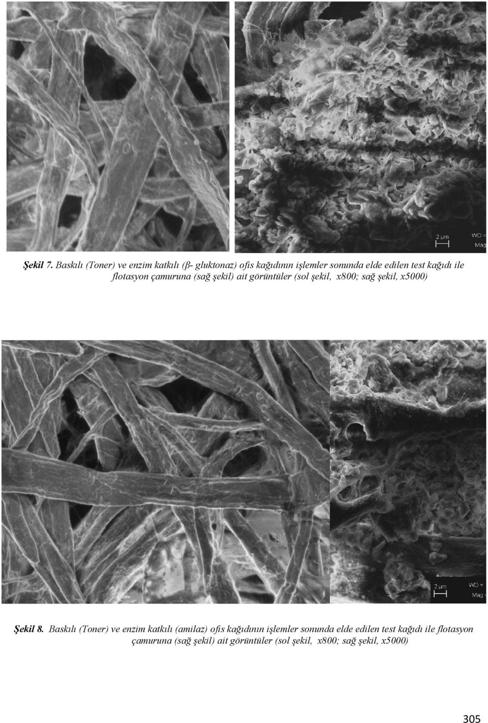 kağıdı ile flotasyon çamuruna (sağ şekil) ait görüntüler (sol şekil, x800; sağ şekil, x5000) Şekil