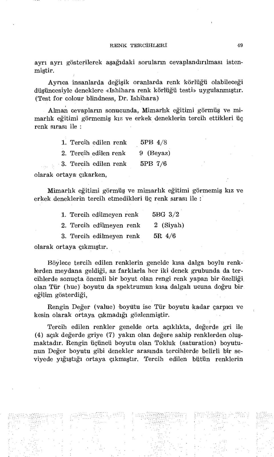 Ishihara) Alman cevapların sonucunda, Mimarlık eğitimi görmüş ve mimarlık eğitimi görmemiş kıs ve erkek deneklerin tercih ettikleri üç renk sırası ile : 1. Tercih edilen renk 5PB 4/8 2.