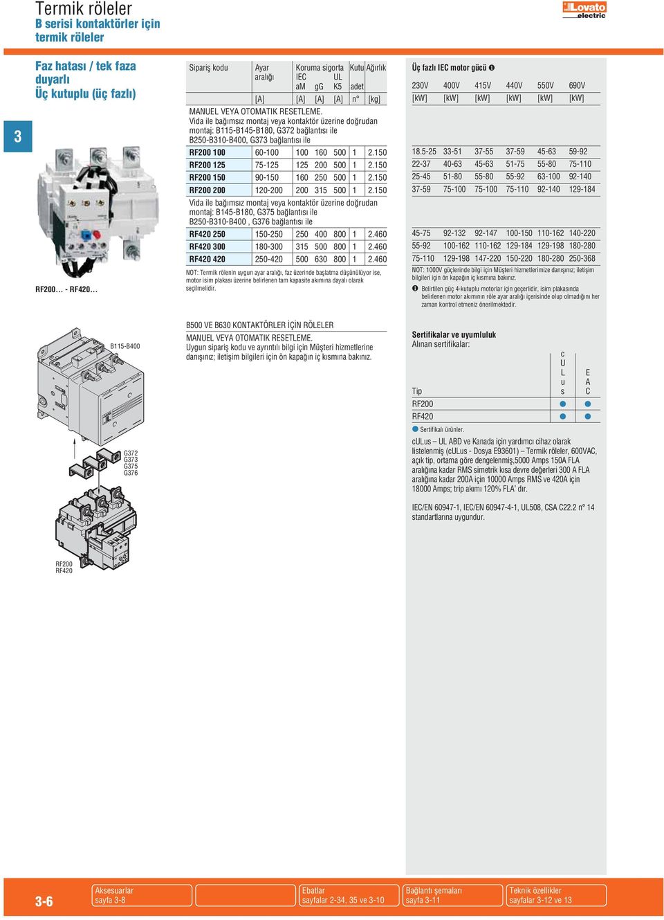Vida ile bağımsız montaj veya kontaktör üzerine doğrudan montaj: B115-B145-B180, G72 bağlantısı ile B250-B-B400, G7 bağlantısı ile RF200 0 60-0 0 160 500 1 2.150 RF200 125 75-125 125 200 500 1 2.