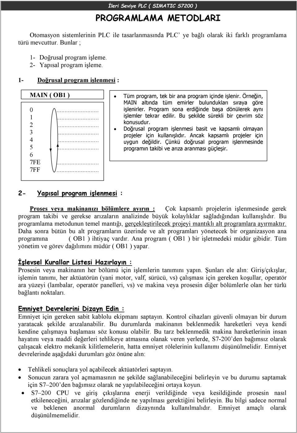 Örneğin, MAIN altında tüm emirler bulundukları sıraya göre işlenirler. Program sona erdiğinde başa dönülerek aynı işlemler tekrar edilir. Bu şekilde sürekli bir çevrim söz konusudur.