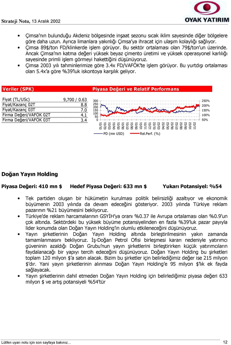 Ancak Çimsa nõn katma değeri yüksek beyaz çimento üretimi ve yüksek operasyonel karlõlõğõ sayesinde primli işlem görmeyi hakettiğini düşünüyoruz. Çimsa 2003 yõlõ tahminlerimize göre 3.