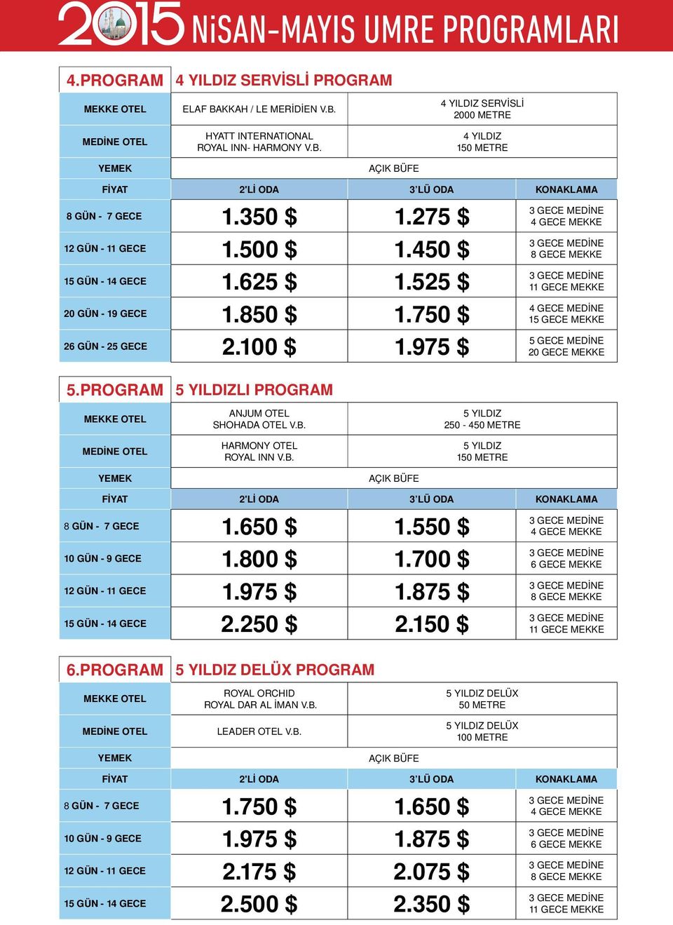 PROGRAM 5 YILDIZLI PROGRAM ANJUM OTEL SHOHADA OTEL V.B. HARMONY OTEL ROYAL INN V.B. 5 YILDIZ 250-450 METRE 5 YILDIZ 150 METRE AÇIK BÜFE 2'Lİ ODA 3 LÜ ODA KONAKLAMA 8 GÜN - 7 GECE 1.650 $ 1.550 $ 1.