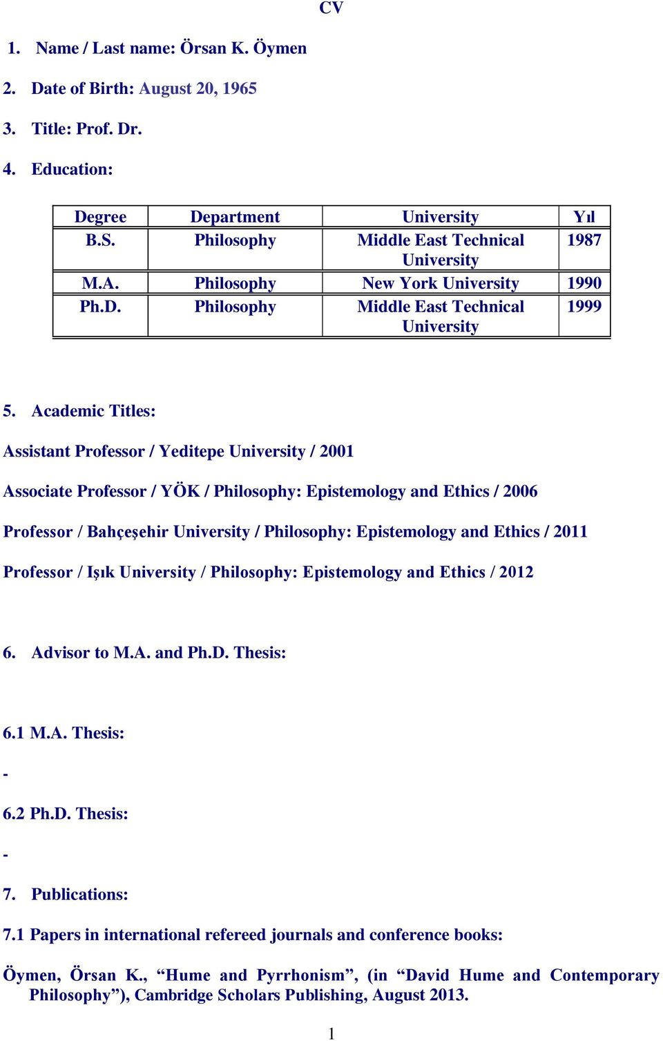 Academic Titles: Assistant Professor / Yeditepe University / 2001 Associate Professor / YÖK / Philosophy: Epistemology and Ethics / 2006 Professor / Bahçeşehir University / Philosophy: Epistemology