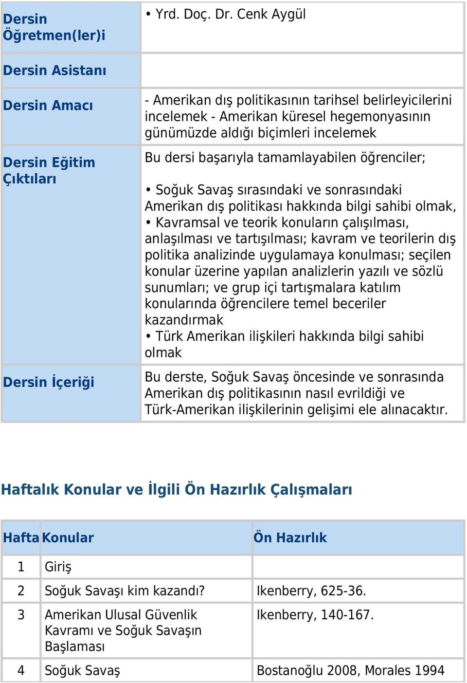 biçimleri incelemek Bu dersi başarıyla tamamlayabilen öğrenciler; Soğuk Savaş sırasındaki ve sonrasındaki Amerikan dış politikası hakkında bilgi sahibi olmak, Kavramsal ve teorik konuların