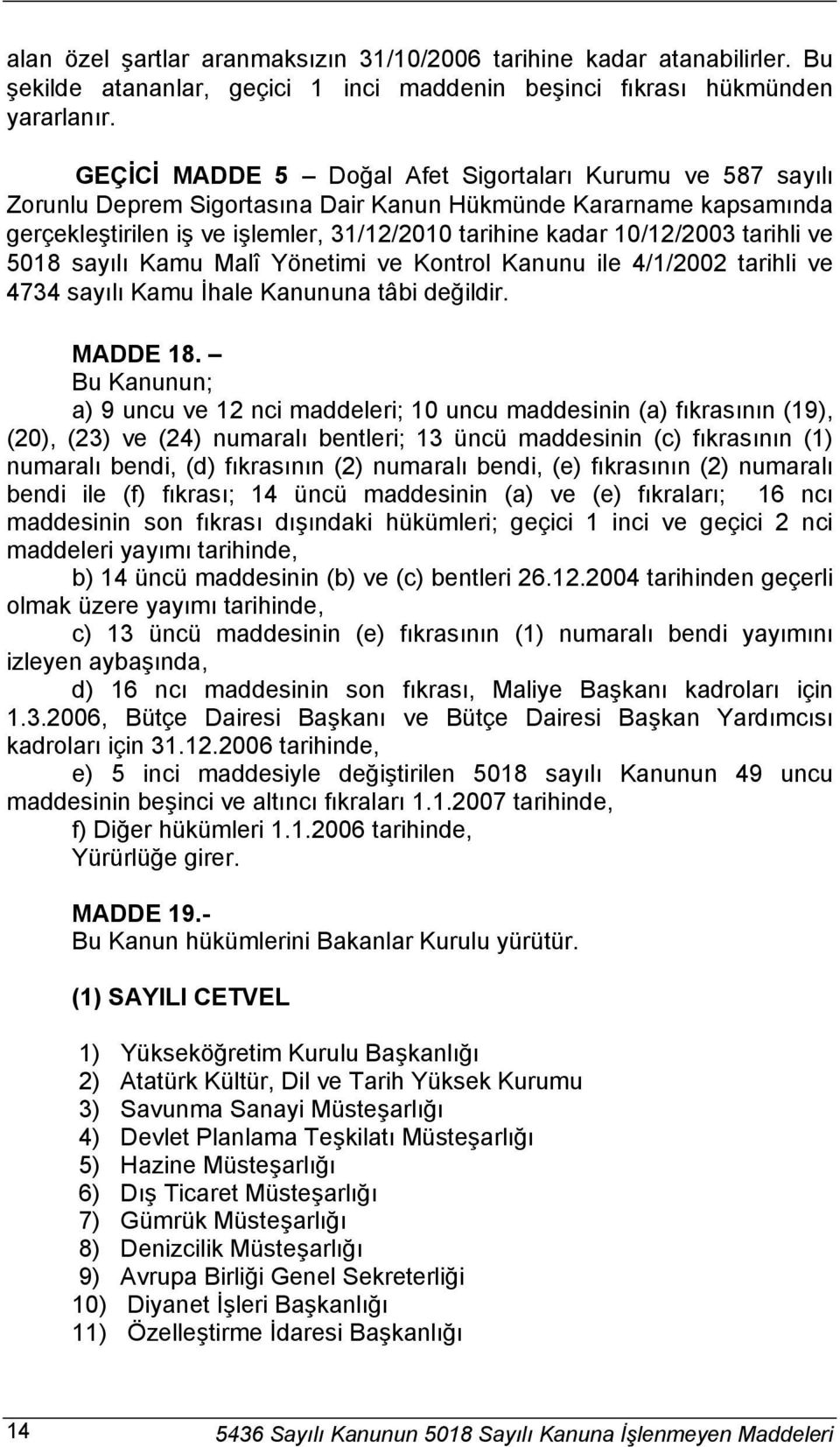 tarihli ve 5018 sayılı Kamu Malî Yönetimi ve Kontrol Kanunu ile 4/1/2002 tarihli ve 4734 sayılı Kamu İhale Kanununa tâbi değildir. MADDE 18.