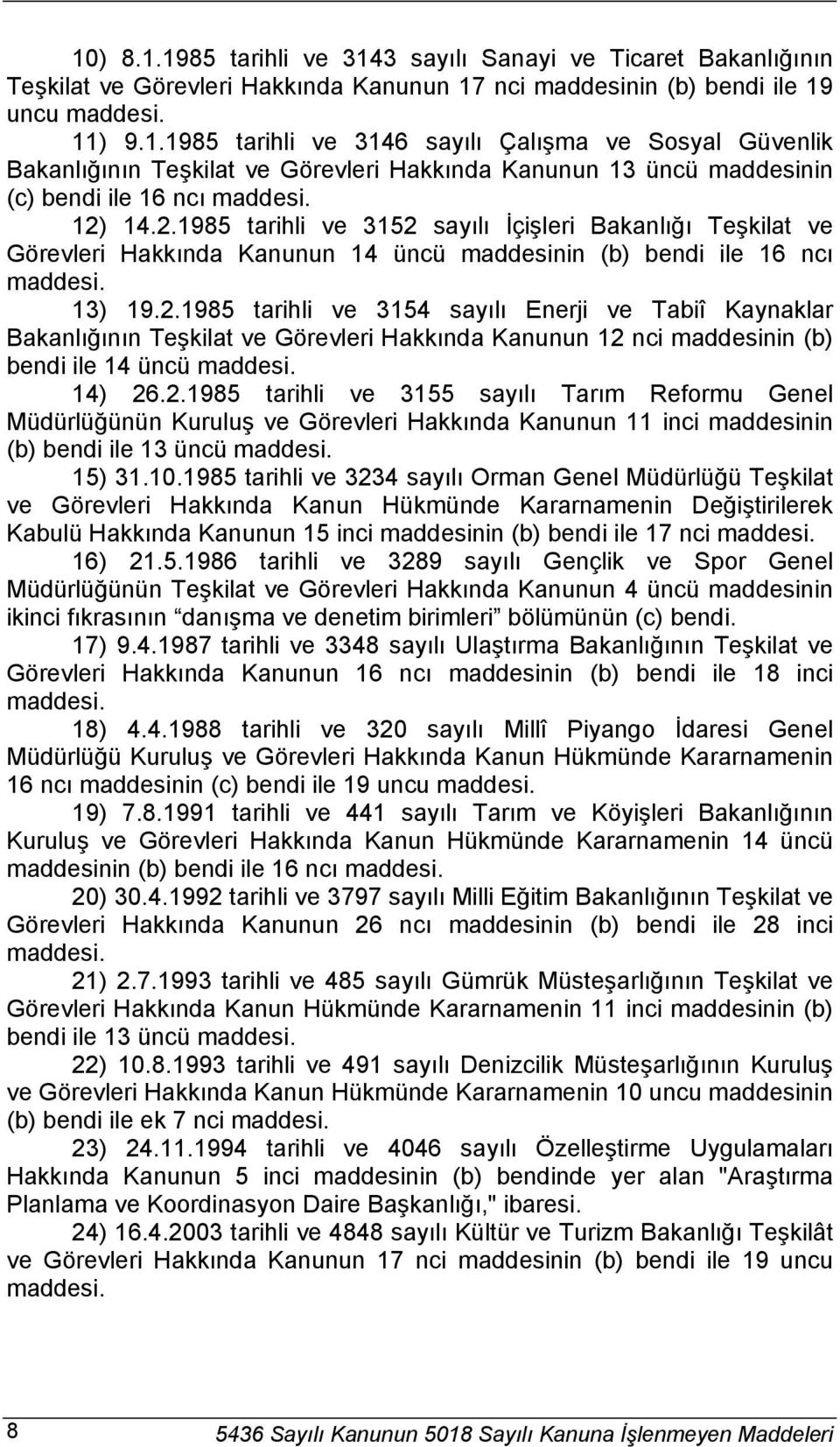 14) 26.2.1985 tarihli ve 3155 sayılı Tarım Reformu Genel Müdürlüğünün Kuruluş ve Görevleri Hakkında Kanunun 11 inci maddesinin (b) bendi ile 13 üncü maddesi. 15) 31.10.