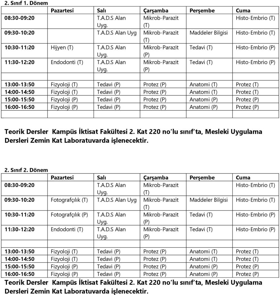 Teorik Dersler Kampüs İktisat Fakültesi 2. Kat 220 no lu sınıf ta, Mesleki 2. Sınıf 2. Dönem 08:30-09:20 T.A.D.S Alan Mikrob-Parazit Histo-Embrio 09:30-0:20 Fotografçılık T.A.D.S Alan Uyg Mikrob-Parazit Maddeler Bilgisi Histo-Embrio 0:30-:20 Fotografçılık T.