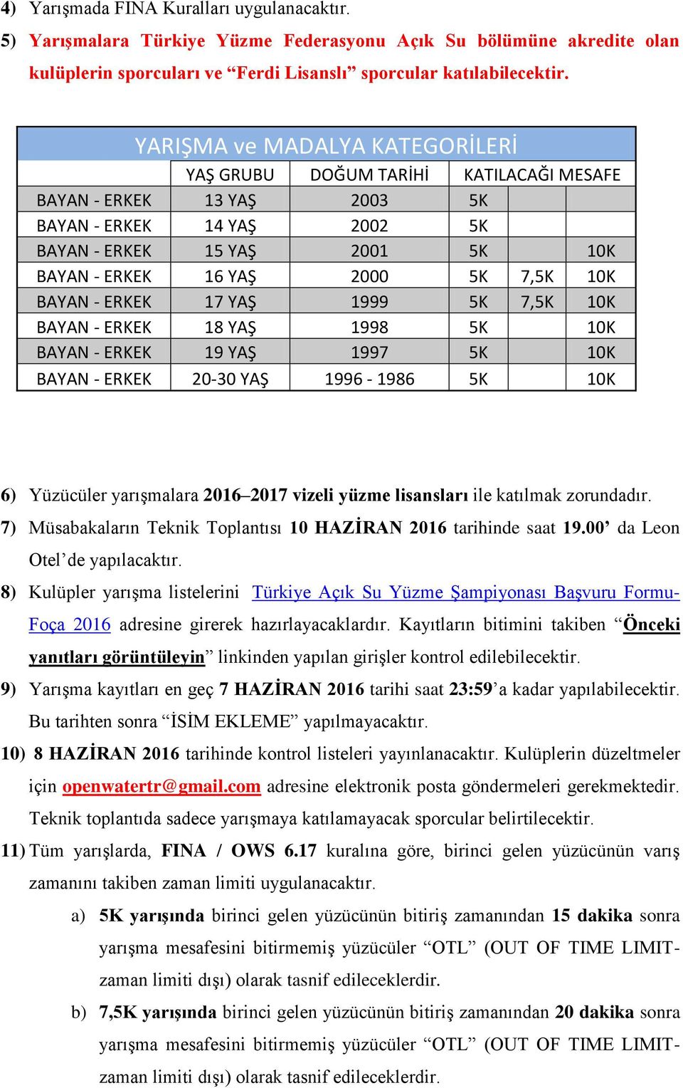 10K BAYAN - ERKEK 17 YAŞ 1999 5K 7,5K 10K BAYAN - ERKEK 18 YAŞ 1998 5K 10K BAYAN - ERKEK 19 YAŞ 1997 5K 10K BAYAN - ERKEK 20-30 YAŞ 1996-1986 5K 10K 6) Yüzücüler yarışmalara 2016 2017 vizeli yüzme