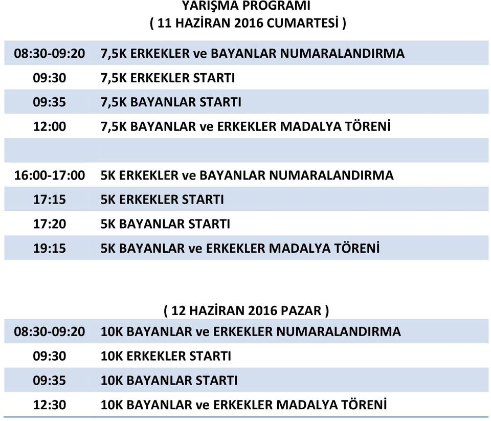 5K ERKEKLER STARTI 17:20 5K BAYANLAR STARTI 19:15 5K BAYANLAR ve ERKEKLER MADALYA TÖRENİ ( 12 HAZİRAN 2016 PAZAR ) 08:30-09:20 10K