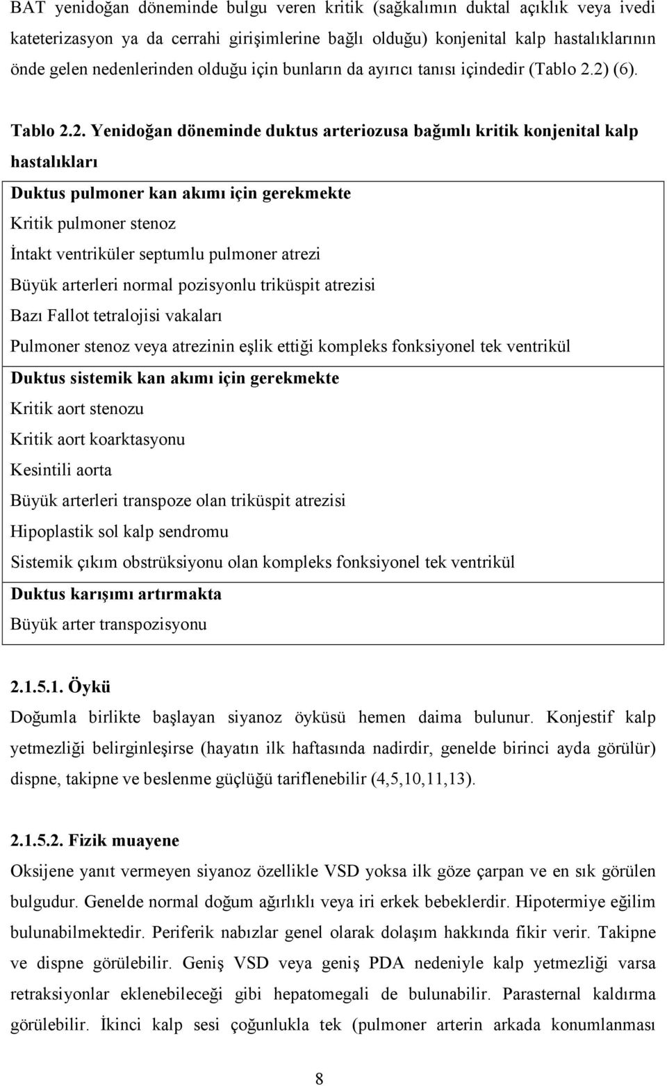 2) (6). Tablo 2.2. Yenidoğan döneminde duktus arteriozusa bağımlı kritik konjenital kalp hastalıkları Duktus pulmoner kan akımı için gerekmekte Kritik pulmoner stenoz İntakt ventriküler septumlu