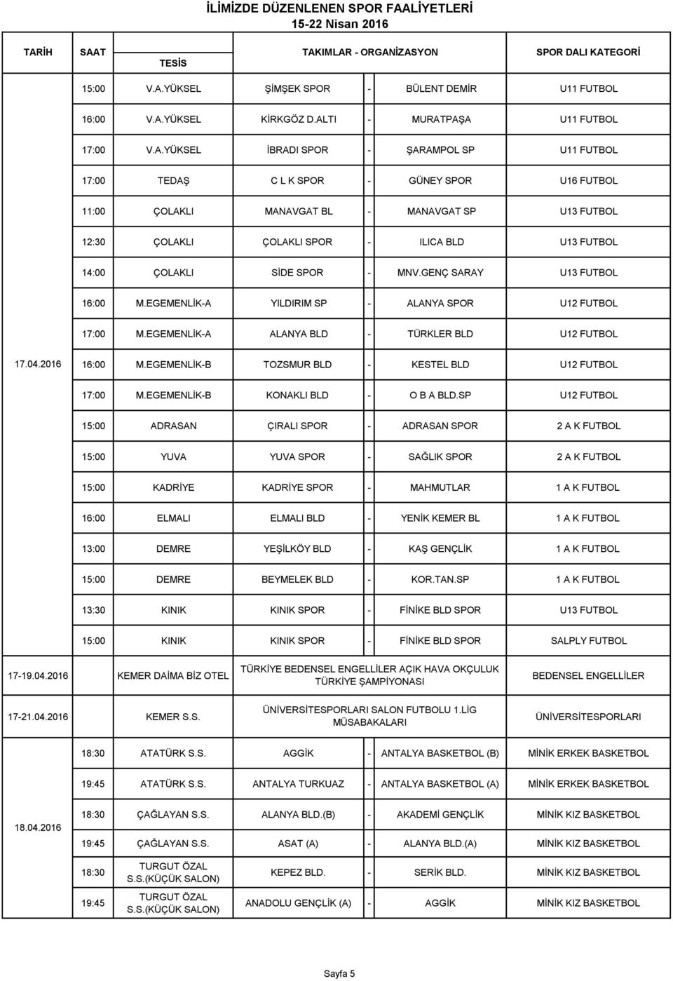 EGEMENLİK-A YILDIRIM SP - ALANYA SPOR U12 FUTBOL 17:00 M.EGEMENLİK-A ALANYA BLD - TÜRKLER BLD U12 FUTBOL 17.04.2016 16:00 M.EGEMENLİK-B TOZSMUR BLD - KESTEL BLD U12 FUTBOL 17:00 M.