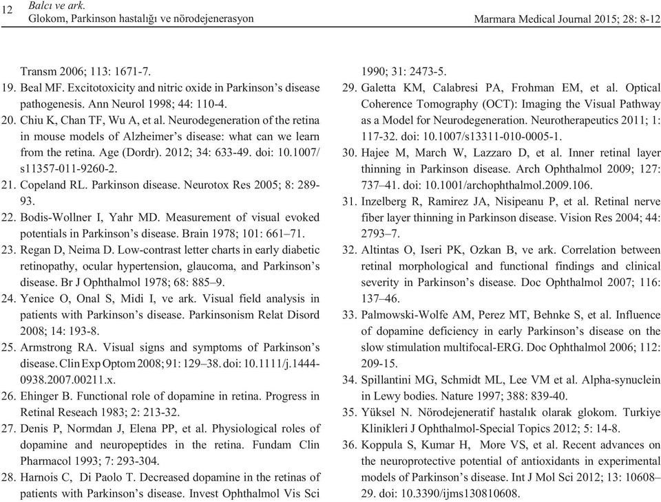 Parkinson disease. Neurotox Res 2005; 8: 289-93. 22. Bodis-Wollner I, Yahr MD. Measurement of visual evoked potentials in Parkinson s disease. Brain 1978; 101: 661 71. 23. Regan D, Neima D.