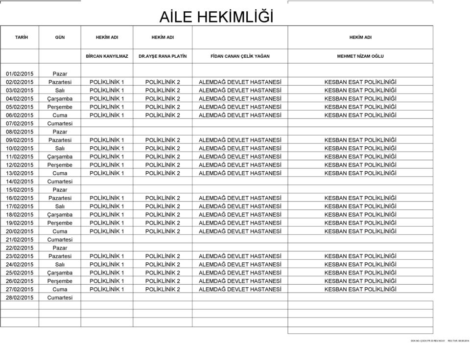 2 ALEMDAĞ DEVLET HASTANESİ KESBAN ESAT 04/02/2015 Çarşamba POLİKLİNİK 1 POLİKLİNİK 2 ALEMDAĞ DEVLET HASTANESİ KESBAN ESAT 05/02/2015 Perşembe POLİKLİNİK 1 POLİKLİNİK 2 ALEMDAĞ DEVLET HASTANESİ KESBAN