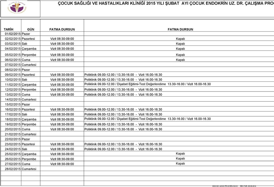 06/02/2015 Cuma Vizit Kapalı 07/02/2015 Cumartesi 08/02/2015 Pazar 09/02/2015 Pazartesi Vizit / 13.30-16.00 - Vizit 10/02/2015 Salı Vizit / 13.30-16.00 - Vizit 11/02/2015 Çarşamba Vizit / Diyabet Eğitimi-Test Değerlendime 13.