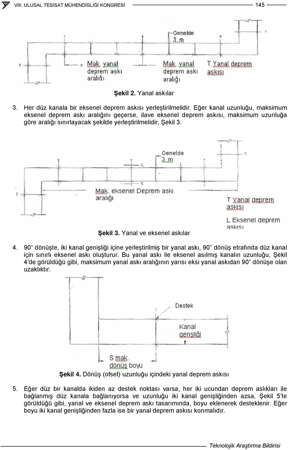 Şekil 3. Yanal ve eksenel askılar 4. 90 dönüşte, iki kanal genişliği içine yerleştirilmiş bir yanal askı, 90 dönüş etrafında düz kanal için sınırlı eksenel askı oluşturur.