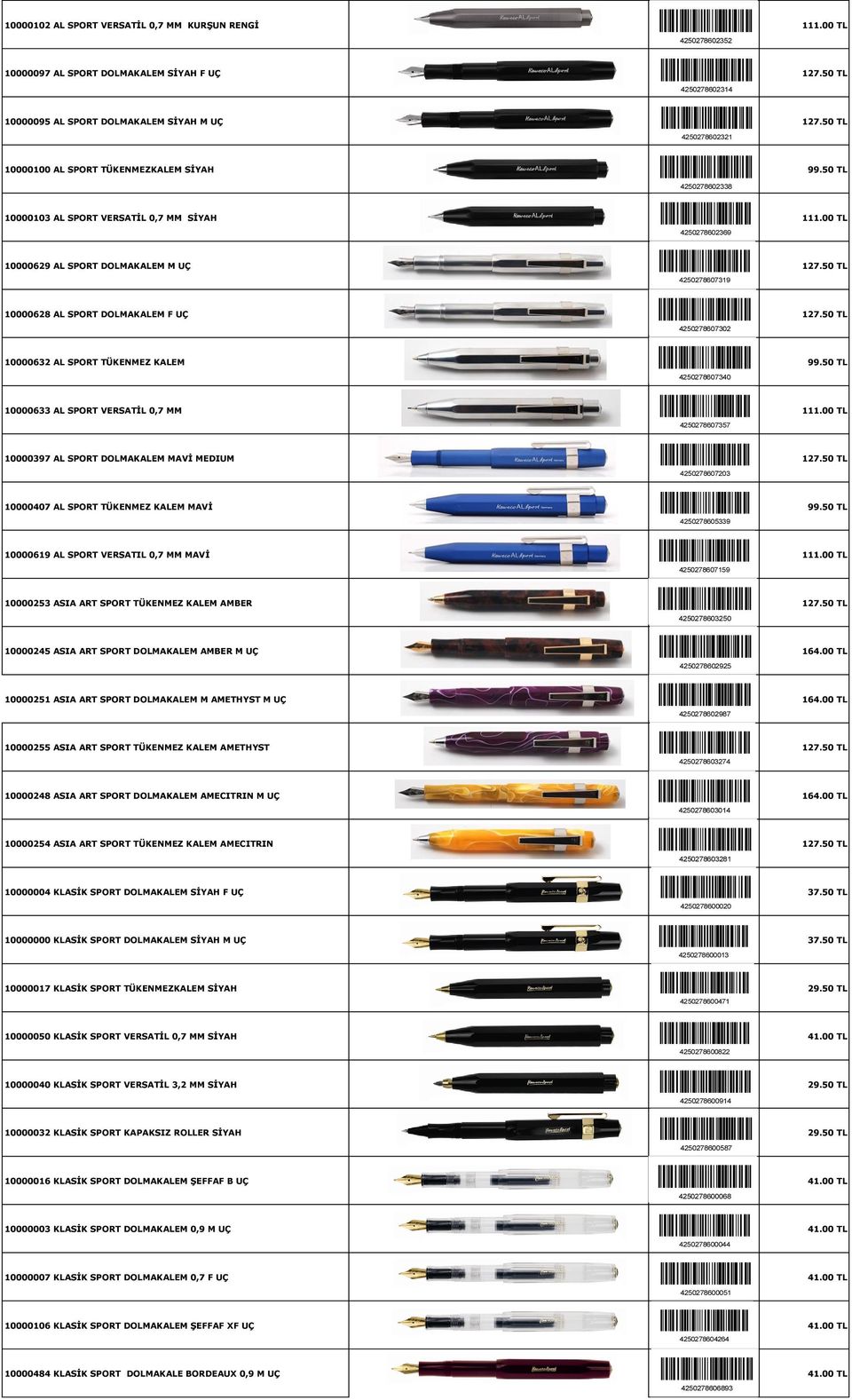 50 TL 4250278602338 10000103 AL SPORT VERSATİL 0,7 MM SİYAH 4250278602369 111.00 TL 4250278602369 10000629 AL SPORT DOLMAKALEM M UÇ 4250278607319 127.