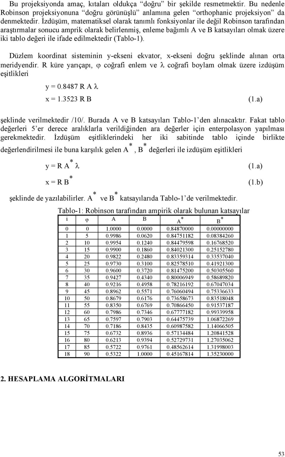 (Tablo-). Düzlem koordnat sstemnn y-eksen ekvator, x-eksen doğru şeklnde alınan orta merdyendr. R küre yarıçapı, ϕ coğraf enlem ve λ coğraf boylam olmak üzere zdüşüm eştlkler y = 0.8487 R A λ x =.