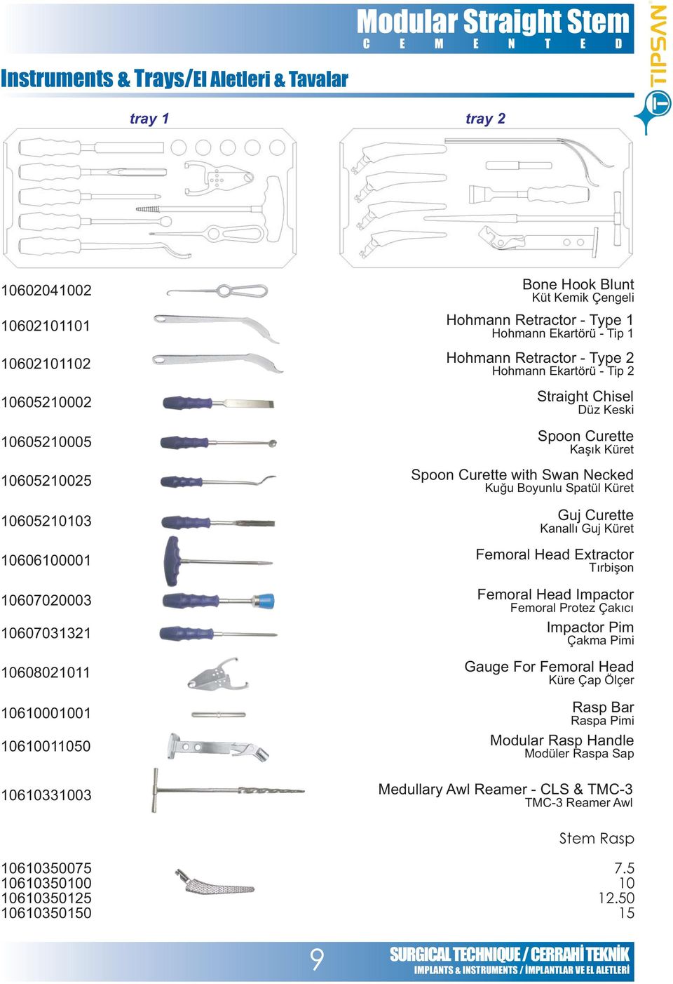 Curette Kaþýk Küret Spoon Curette with Swan Necked Kuðu Boyunlu Spatül Küret Guj Curette Kanallý Guj Küret Femoral Head Extractor Týrbiþon Femoral Head Impactor Femoral Protez Çakýcý Impactor Pim