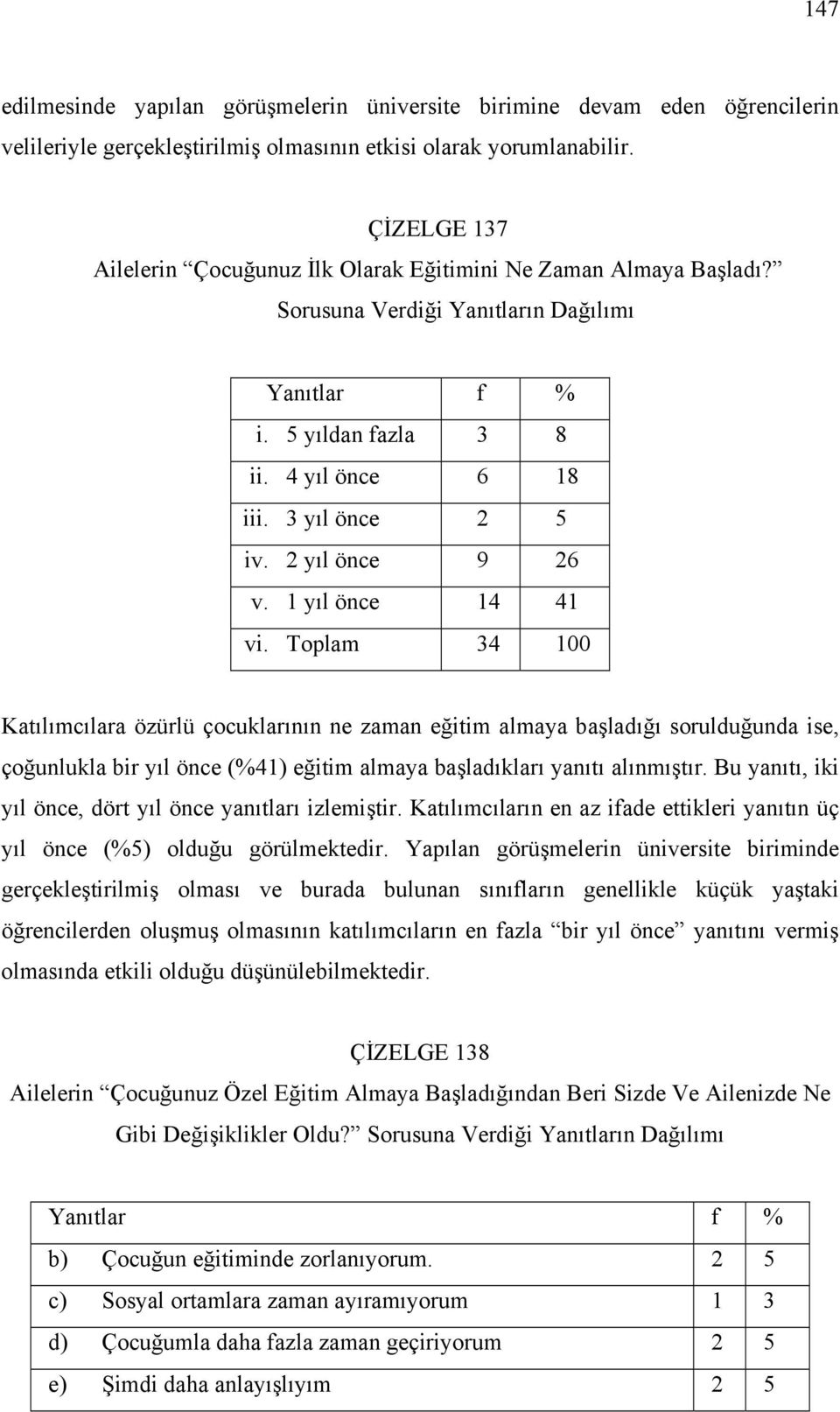 Toplam 34 100 Katılımcılara özürlü çocuklarının ne zaman eğitim almaya başladığı sorulduğunda ise, çoğunlukla bir yıl önce (%41) eğitim almaya başladıkları yanıtı alınmıştır.